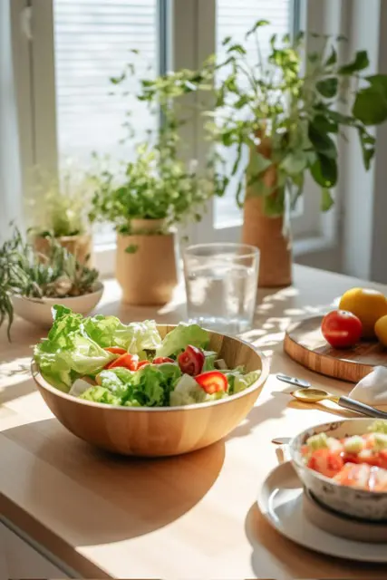 A bowl of salad on a wooden table.