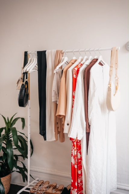 Clothes hanging on a rack next to a potted plant.